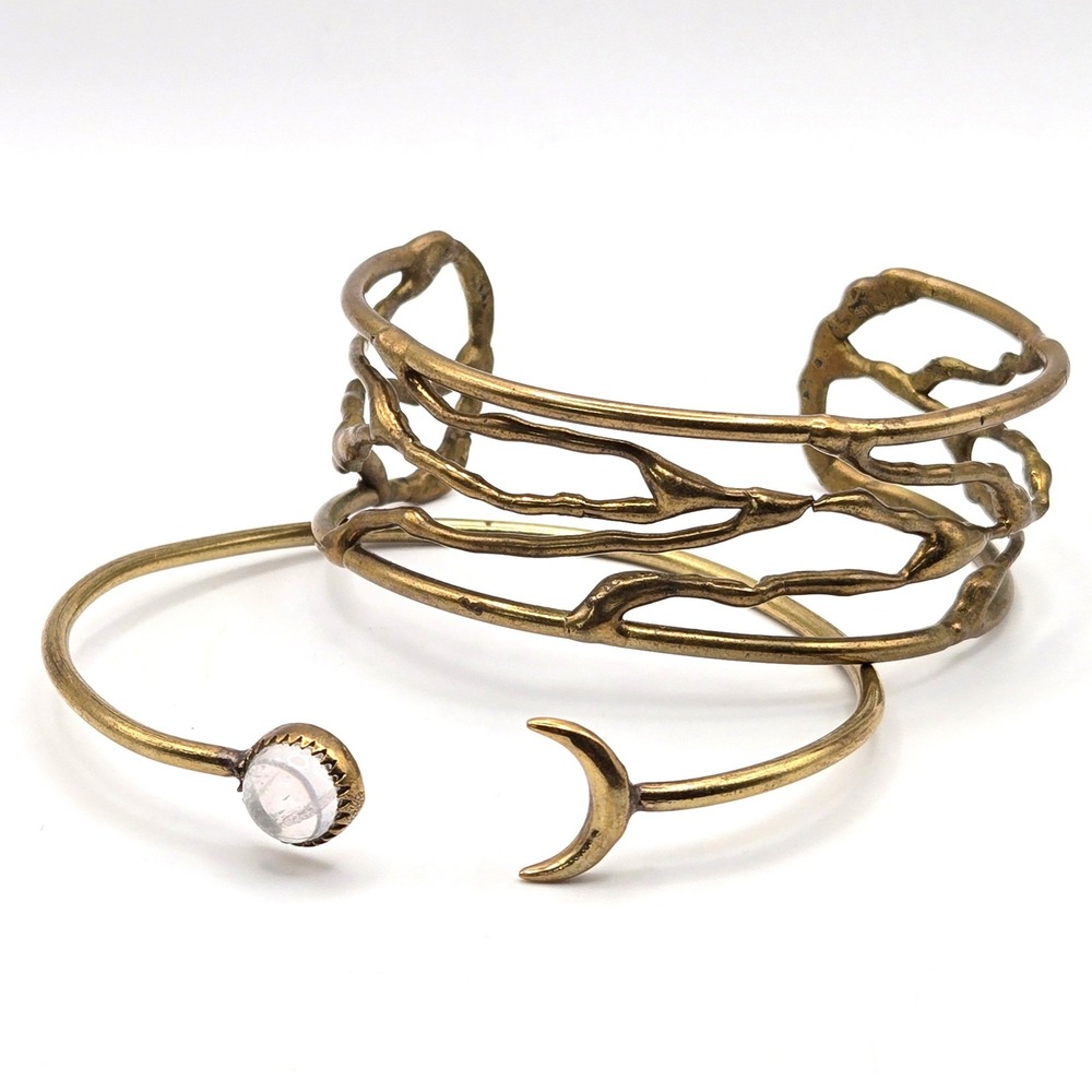 Handcrafted Brass Branch Cuff Moon Stone Bangle Bracelet Set Celestial Organic
